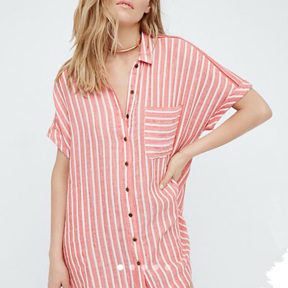 Soleil luxury linen striped blouse dress in pink and white